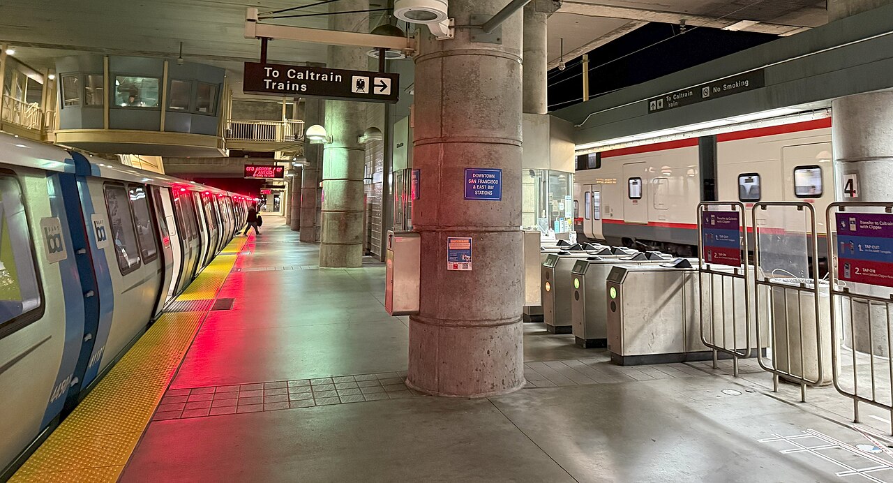 BART and Caltrain trains at Millbrae station